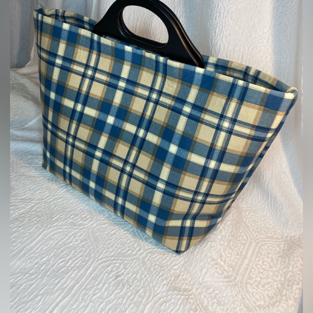Handmade Large Plaid Tote with Wooden Handles.
